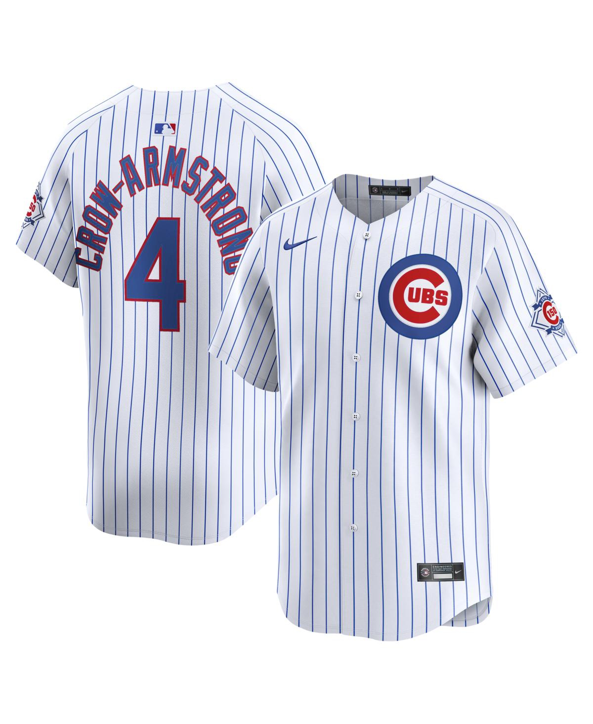 White pinstripe Chicago Cubs home jersey with the Cubs logo on the chest and Crow-Armstrong 4 on the back