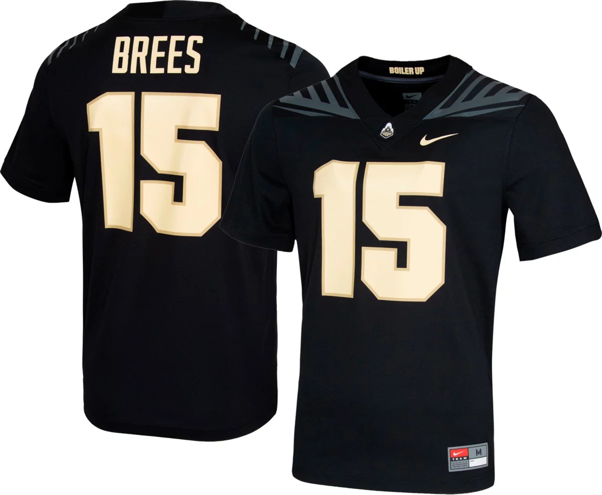 Black Purdue Boilermakers home football jersey with the Purdue logo on the front and Drew Brees 15 in gold on the back