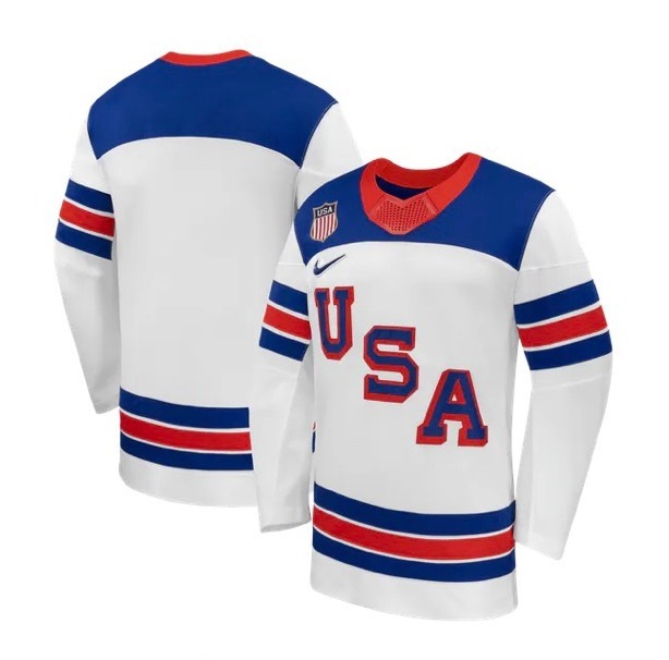 White Team USA hockey jersey with USA across the chest and a blank back